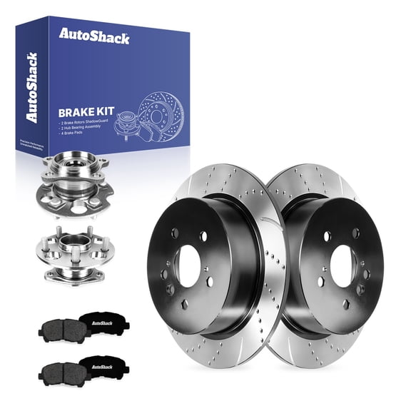AutoShack Rear Solid Drilled & Slotted E-Coated Brake Rotors   Premium Ceramic Pads   Hub Bearing Assembly 8-PC Brake Kit Replacement for 2008-2013 Toyota Highlander ShadowGuard 12.17" (309 mm)
