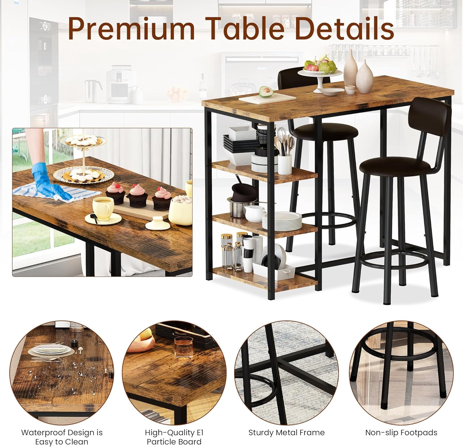 LinkRomat Dining Table Set for 2,3 Piece Pub Table and Chairs Set with Storage Shelves, Small Space Bistro Kitchen & Bar Tables, Counter Height Dining Set, Brown