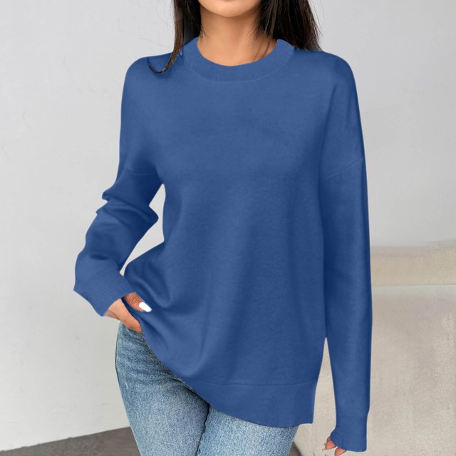 ZMFXJPE Chandail à Col Rond Femme Tendance Manches Longues Hauts Mode Féminine Chandails Mignons pour Femmes, Bleu, P