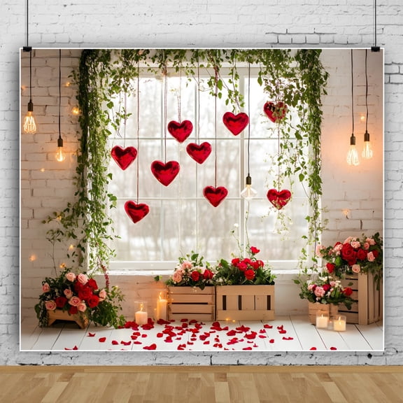 10x8ft Valentines Backdrop,Brick Wall and Red Rose Floral Backdrops for Photography,Valentine Day Banner for Valentines Decorations