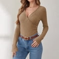 thumbnail image 2 of BUIGTTKLOP Womens Sweaters Long Sleeve Tops Wrap V Neck Stretchy Slim Fitted Ribbed Knit Blouses Top, 2 of 6