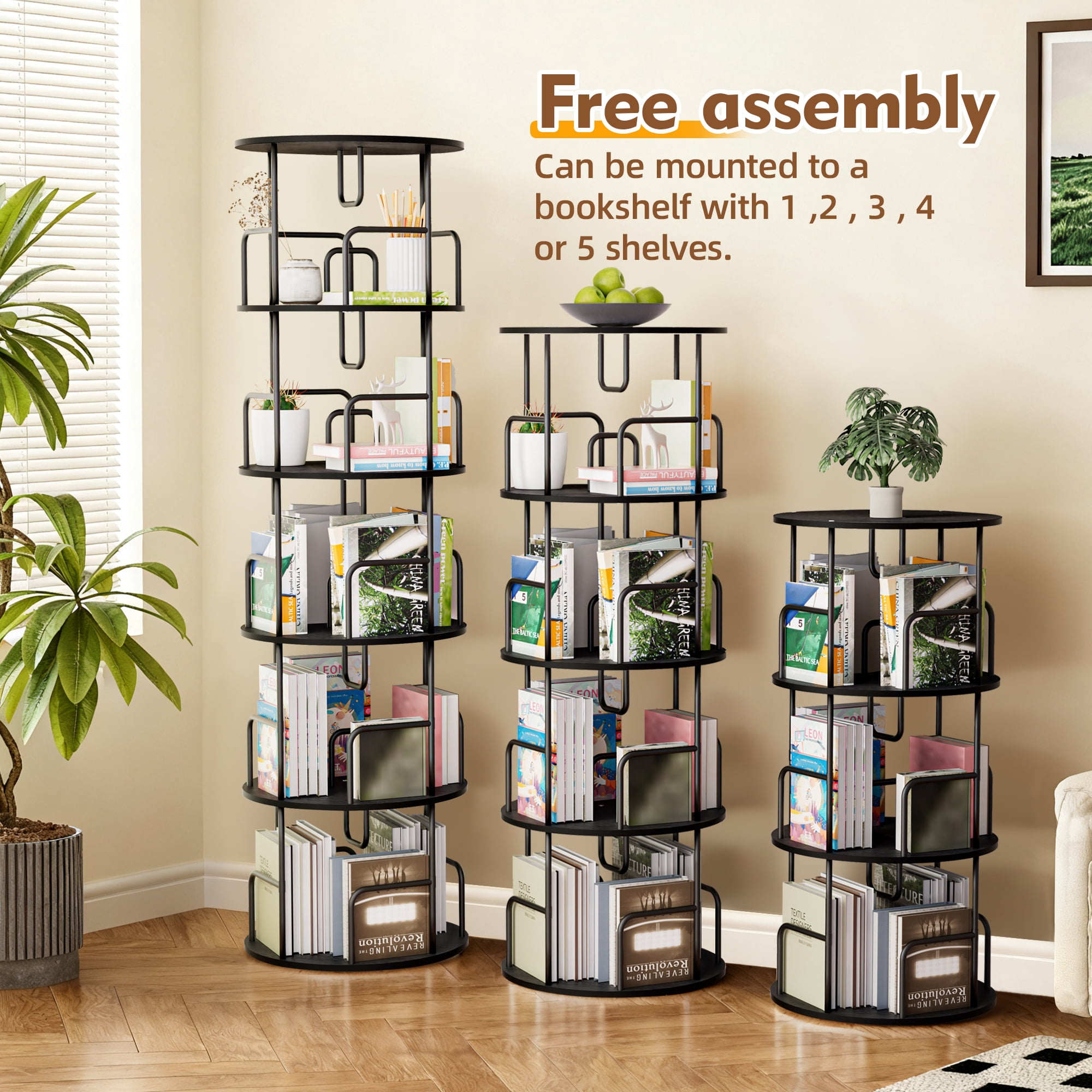 Leumius 5 Tier Rotating Bookshelf, Revolving 360 Book Shelf Narrow Tall Bookcase, Vertical Turning Round Storage Bookshelf for Bedroom, Living Room Black