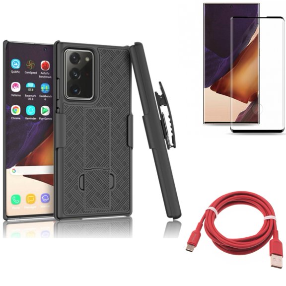 6ft USB-C Cable & Case Belt Clip & Screen Protector for Samsung Galaxy Note 20 Ultra (6.9") - Combo with Red Charger Cord & Holster Swivel & Tempered Glass (Fingerprint Unlock)