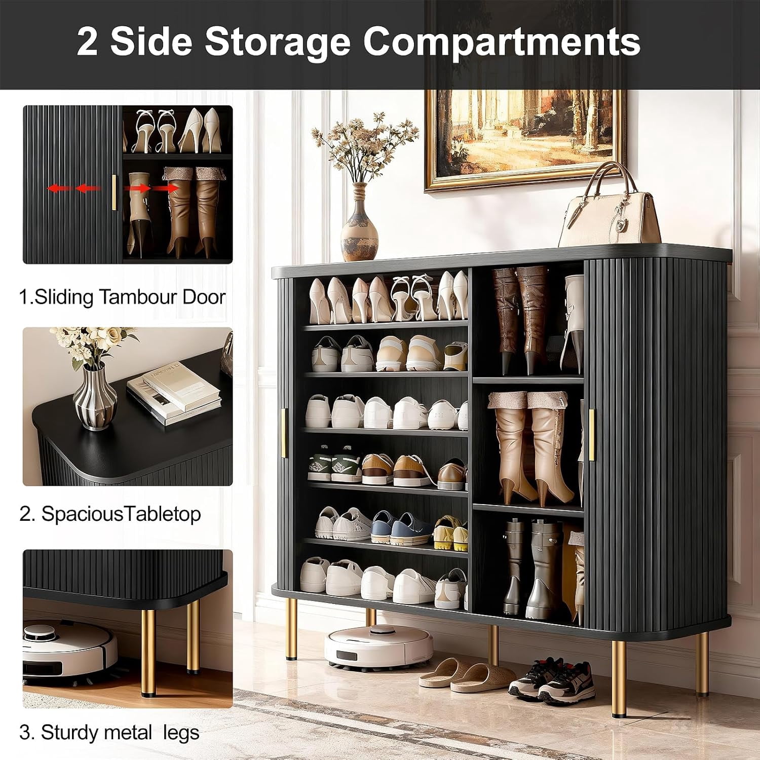 Shoe Storage Cabinet with Sliding Door, 6-Tier Shoe Cabinet with Adjustable Shelves, Mid-Century Modern Freestanding Shoe Storage Organizer for Entryway, Hallway, Living Room (Black)