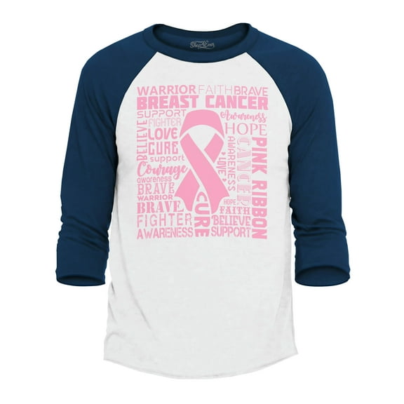 Shop4Ever Men's Breast Cancer Awareness Pink Ribbon Word Cloud Raglan Baseball Shirt Small White/Kelly