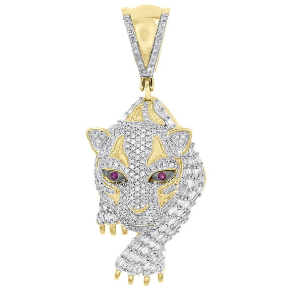 10K Yellow Gold Real Baguette Diamond Men's Hunting Panther Head Pendant 3/4 CT
