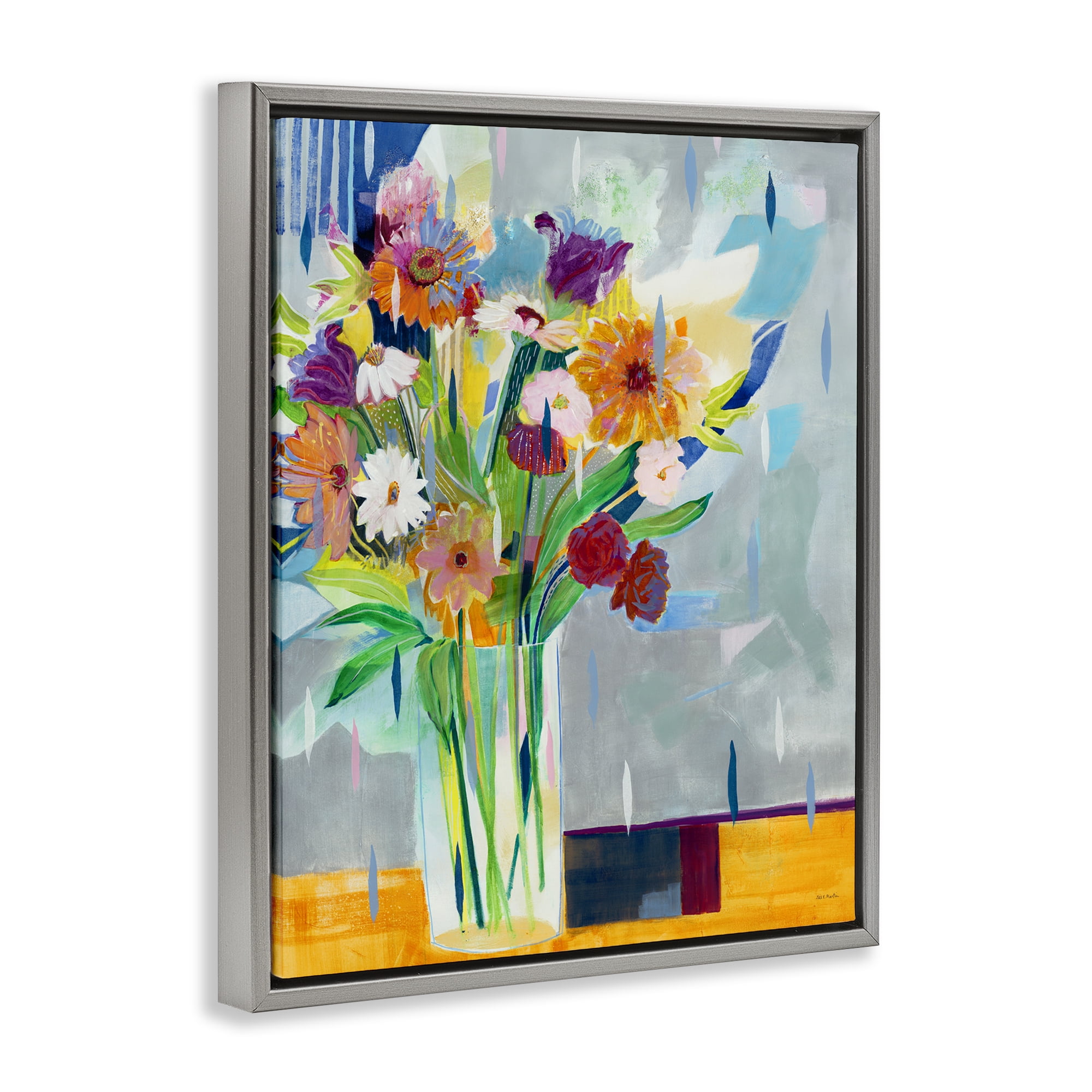 Stupell Industries Florals on Blocked Background Plants & Flowers Painting Gray Floater Framed Canvas Art Print Wall Art, 25 x 31