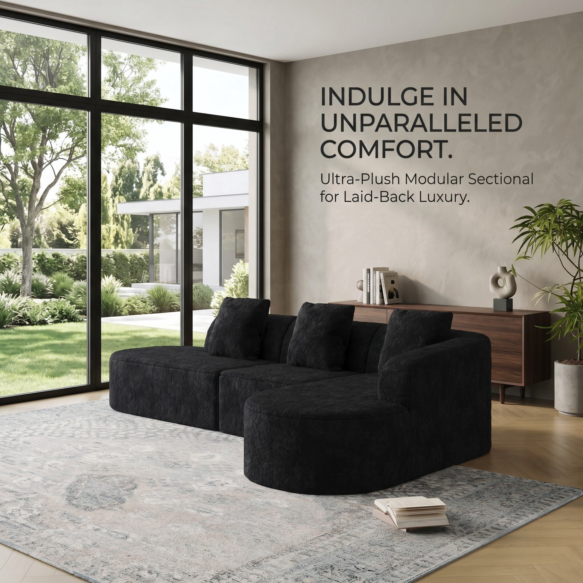 Sailvan 111.8" L-Shaped Curved Modular Sofa, Modern Lychee-Textured Sectional with Chaise, 3 Pillows Black