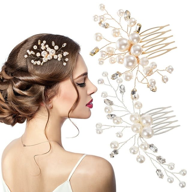 KAKOWELY 2 peinetas laterales de perlas para novia con brillantes y diamantes de imitación, accesorios para el cabello para boda y fiesta.