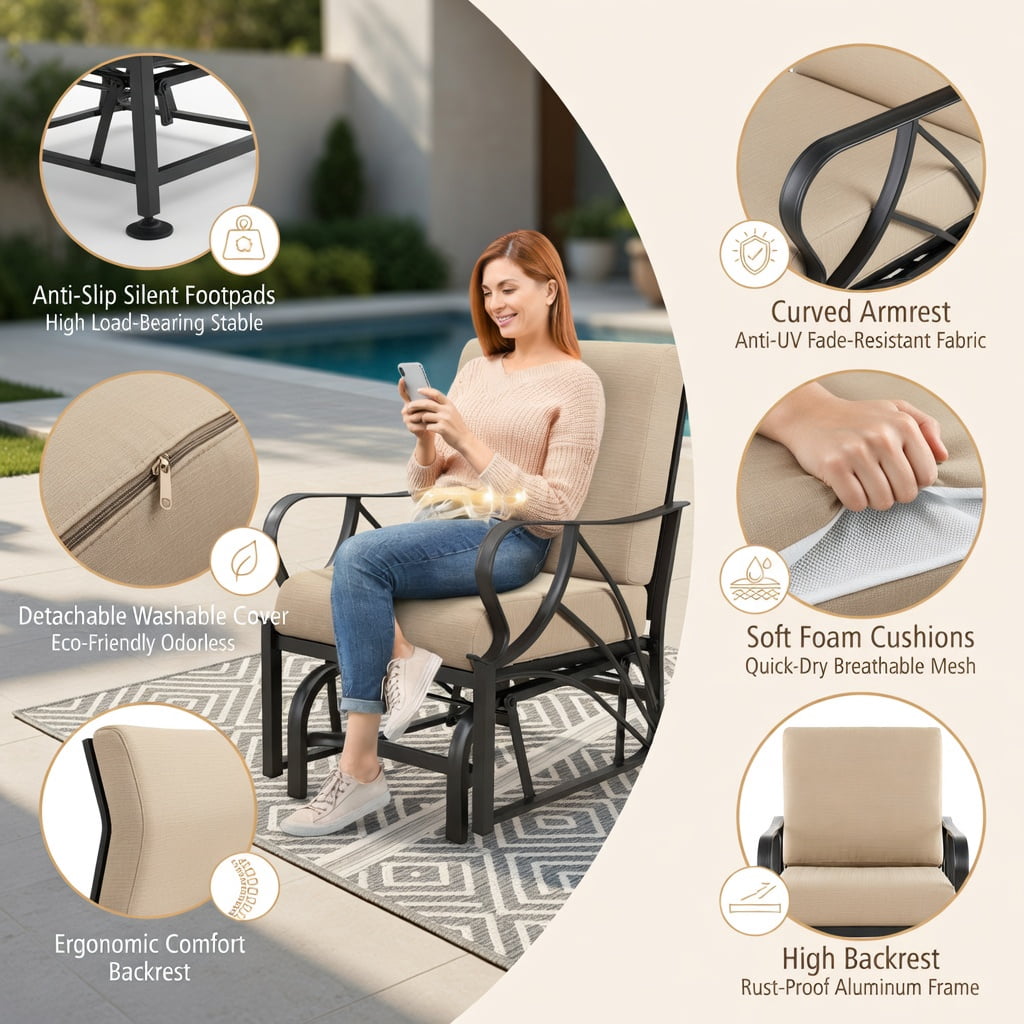 Hommoo Patio Glider Rocking Chair with Thick Padded Cushion, Curved Armrests & Sturdy Metal Frame, Outdoor Relaxation Seating for Deck, Porch or Garden, Black