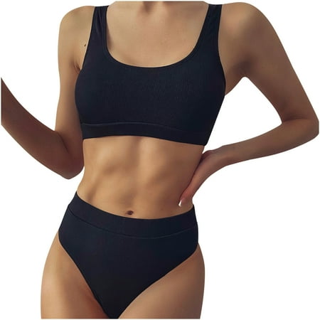 Summer Savings Clearance! Edvintorg Swimsuit Women Two Piece Scoop Neck Bikini Crop Top High Cut Swimsuit Sporty High Waisted Bathing Suit With Bottoms