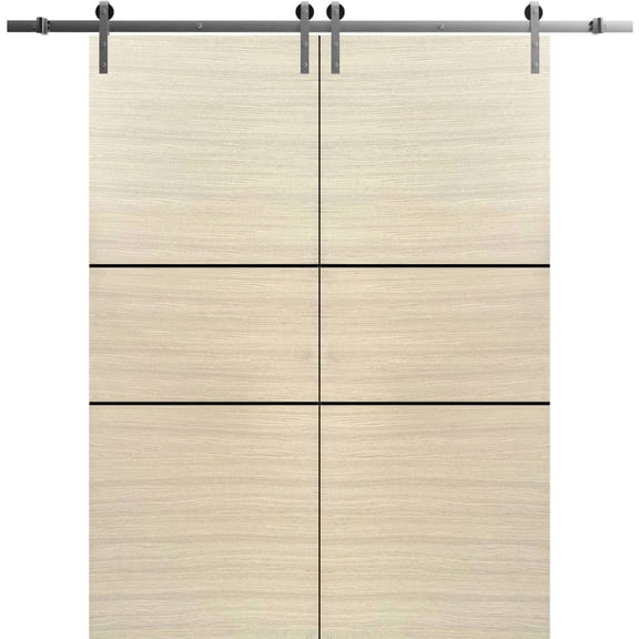 Sturdy Double Barn Door 36 x 80 inches with | Planum 0014 Natural Veneer with Frosted Glass | Stainless Steel 13FT Rail Hangers Heavy Set | Solid Panel Interior Doors