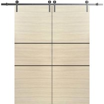 Sturdy Double Barn Door 48 x 96 inches with | Planum 0014 Natural Veneer with Frosted Glass | Stainless Steel 13FT Rail Hangers Heavy Set | Solid Panel Interior Doors