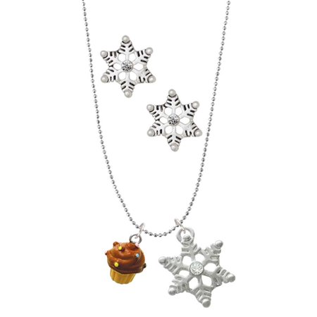 Delight Jewelry Resin Mini Vanilla Cupcake with Chocolate Frosting Silver tone Snowflake Charm Necklace and Stud Earrings