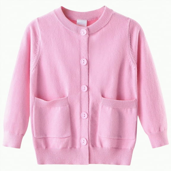 HCNTES Kids Girls Long Sleeve Cardigan Sweater Button Down Pockets Solid Color Shirts Cute Stylish Jacket For Toddler Girls(6-7 Years,G48-Pink)