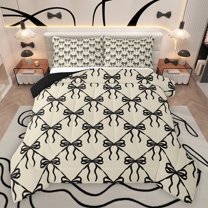 Feelyou Fashion Black Ribbon Bedding Comforter Set for Teens, Chic Stripes Bowknot Twin Comforter Sets, Kawaii Cartoon Bow Reversible Bedding Set, Lightweight Room Decor, 2 Pieces