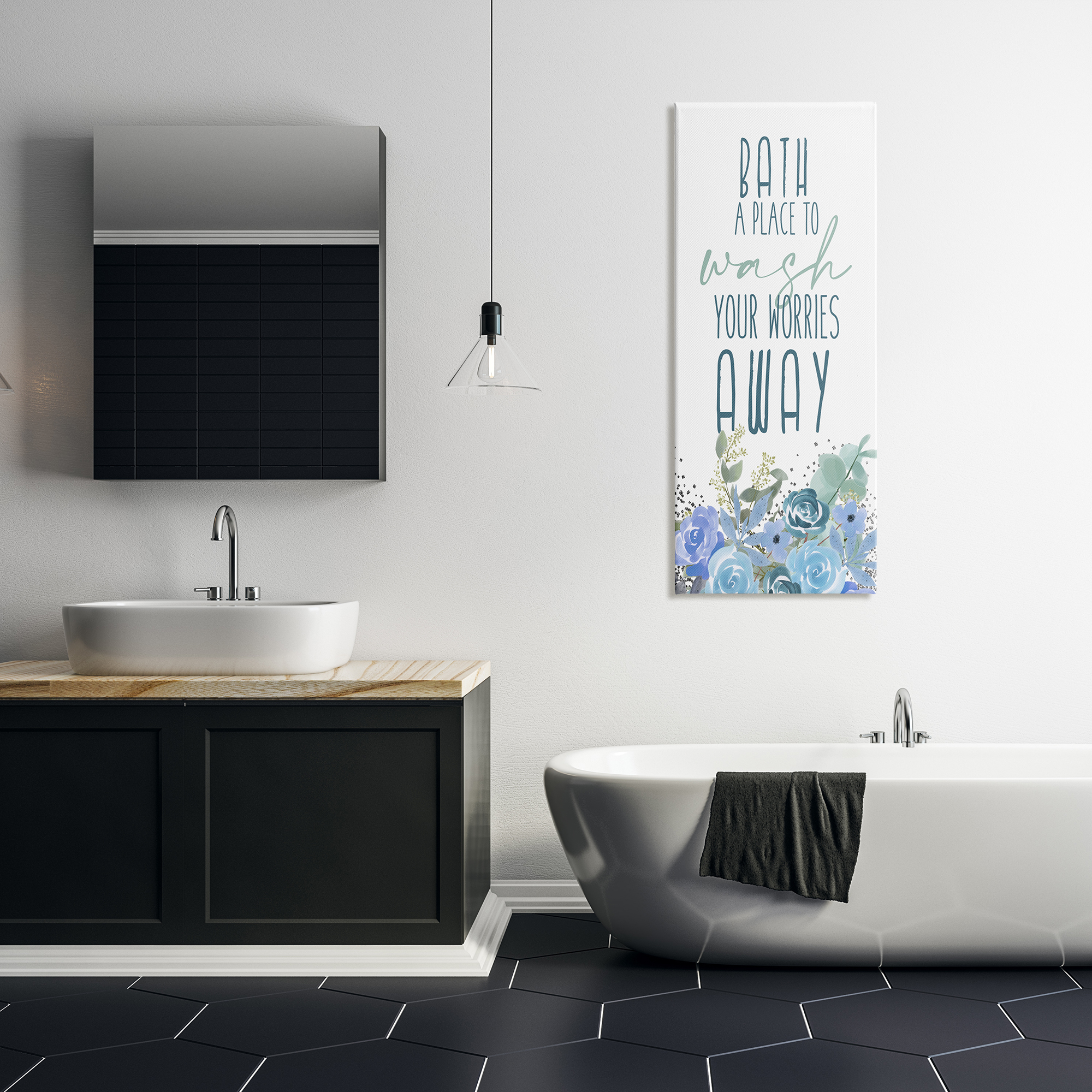 Stupell Industries Bath Definition Wash Worries Away Phrase Blue Florals, 20 x 48, Designed by Kim Allen