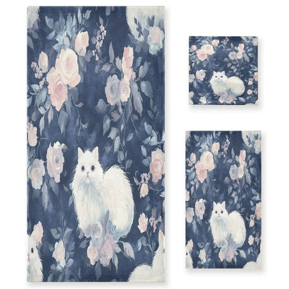 BZSMCE 3piece Bath Towel Sets Hand Bath Towels Fashion Whimsical Floral Cats Printed Towel Sets