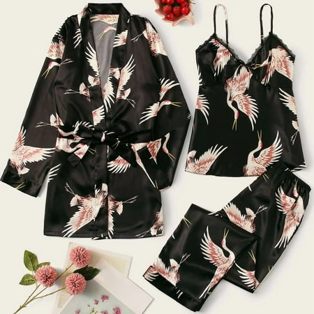 

Womens Satin Pajama Set Clearance 3pcs Halter V Neck Shirt with Pants Sleepwear 3 Piece PJ Sets Soft Floral Print Casual Robe Loungewear