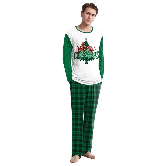 Conjuntos de pijamas de Papá Noel con estampado de árbol de Navidad para parejas Otoño Invierno Casual mujer cuello redondo manga larga pantalones a cuadros pijama mujer