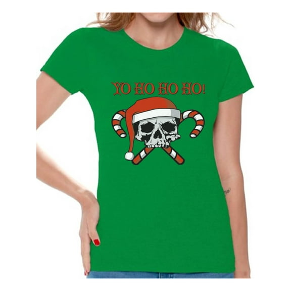 Awkward Styles Yo Ho Ho Ho Christmas Shirts for Women Skull and Crossbones Candy Canes Santa Christmas T-Shirt Women's Holiday Top Yo Ho Ho Ho Holiday Party Christmas Shirts Women's Tops