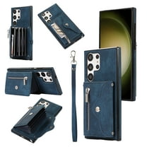 ELEHOLD Crossbody Wallet Case for Samsung Galaxy S23 Ultra 6.8" with RFID Card Slots Zipper Pocket Kickstand Function Shockproof Purse Case with Detachable Shoulder Strap,Blue