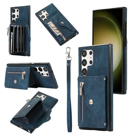 ELEHOLD Crossbody Wallet Case For Samsung Galaxy S20 Ultra,with RFID Card Slots Zipper Pocket Kickstand Function Shockproof Purse Case with Detachable Shoulder Strap,Blue