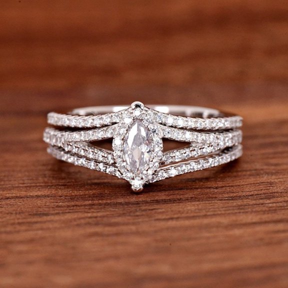 Eclet Jewels 14K White Gold Plated Diamond Ring - Excellent 1.6 Ct Marquise Cut Lab Created Simulated Diamond Ring - Three Rings Set Diamond Rings for Women's - Halo Diamond Rings for Women's