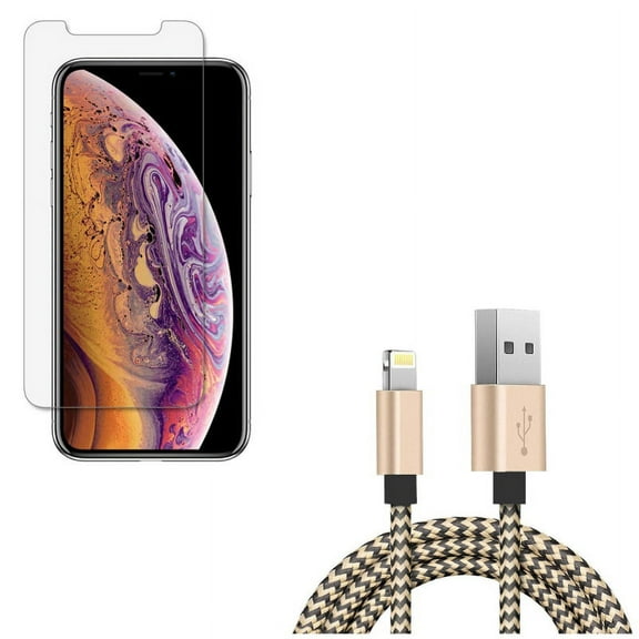 iPhone XS/X - Anti-Glare Screen Protector w 6ft USB Cable - Tempered Glass Matte 3D Curved Edge Anti-Fingerprint Case Friendly, Charger Cord Power Wire Sync Braided