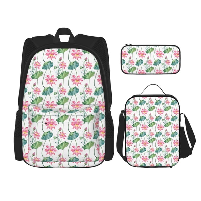 Easygdp Lotus Flower Mochila para Niños y Niñas con Set de Caja de Almuerzo y Estuche para Lápices 3 en 1, Mochila Escolar Estampada para Adolescentes
