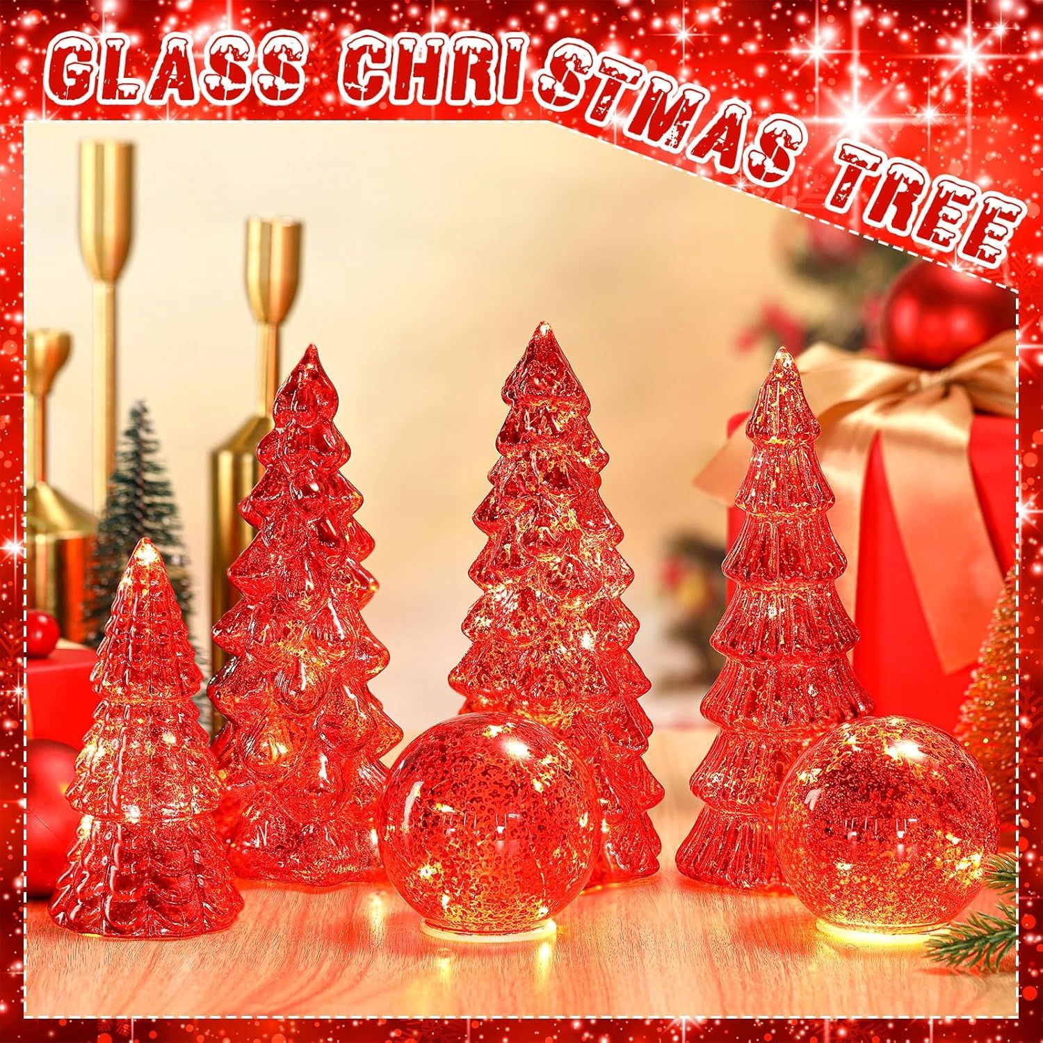6 Pcs Mercury Glass Christmas Tree for Tabletop Light up Figurine Christmas Tree Mercury Cracked Glass Globe with Light for Xmas Decor Home Party Centerpiece Mantel Gift
