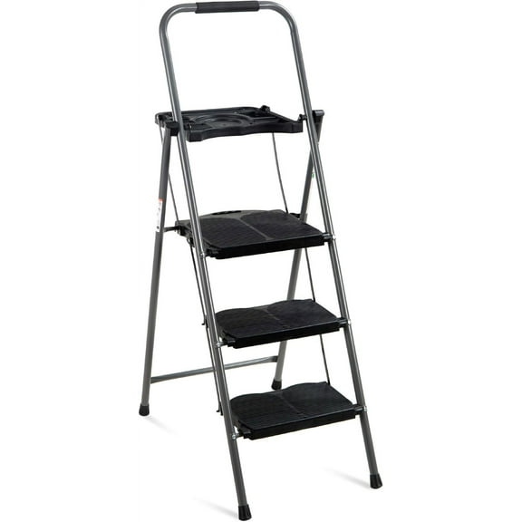 COCOKUN 3-Step Ladder with Tool Tray, Portable Folding Wide Anti-Slip Step Stool, Hand Grip for Home and Office, 330lb Capacity
