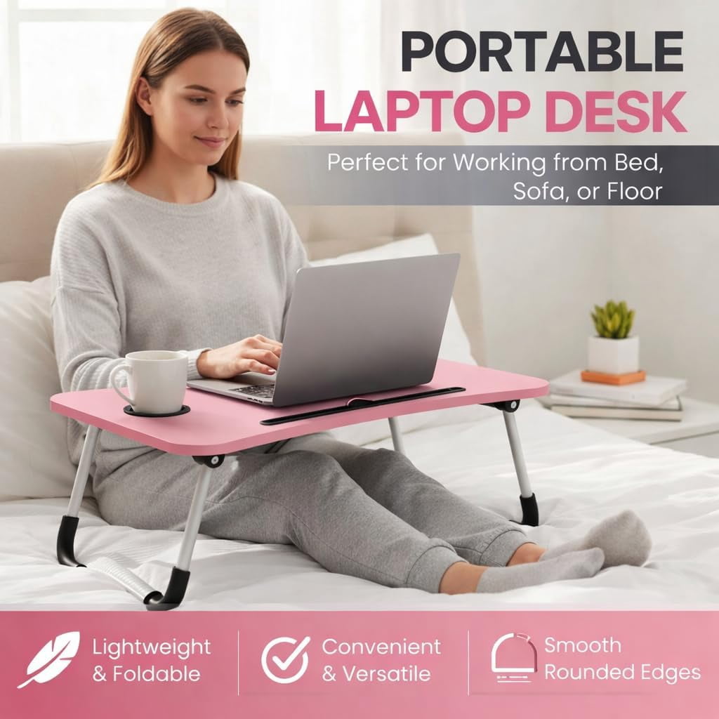 WSA Foldable Lap Desk with Drawer & Cup Holder, 23.6” Portable Laptop Bed Tray Table with Tablet Slot, Non-Slip Laptop Desk for Bed Couch Sofa, Working Writing Eating Breakfast (Pink)