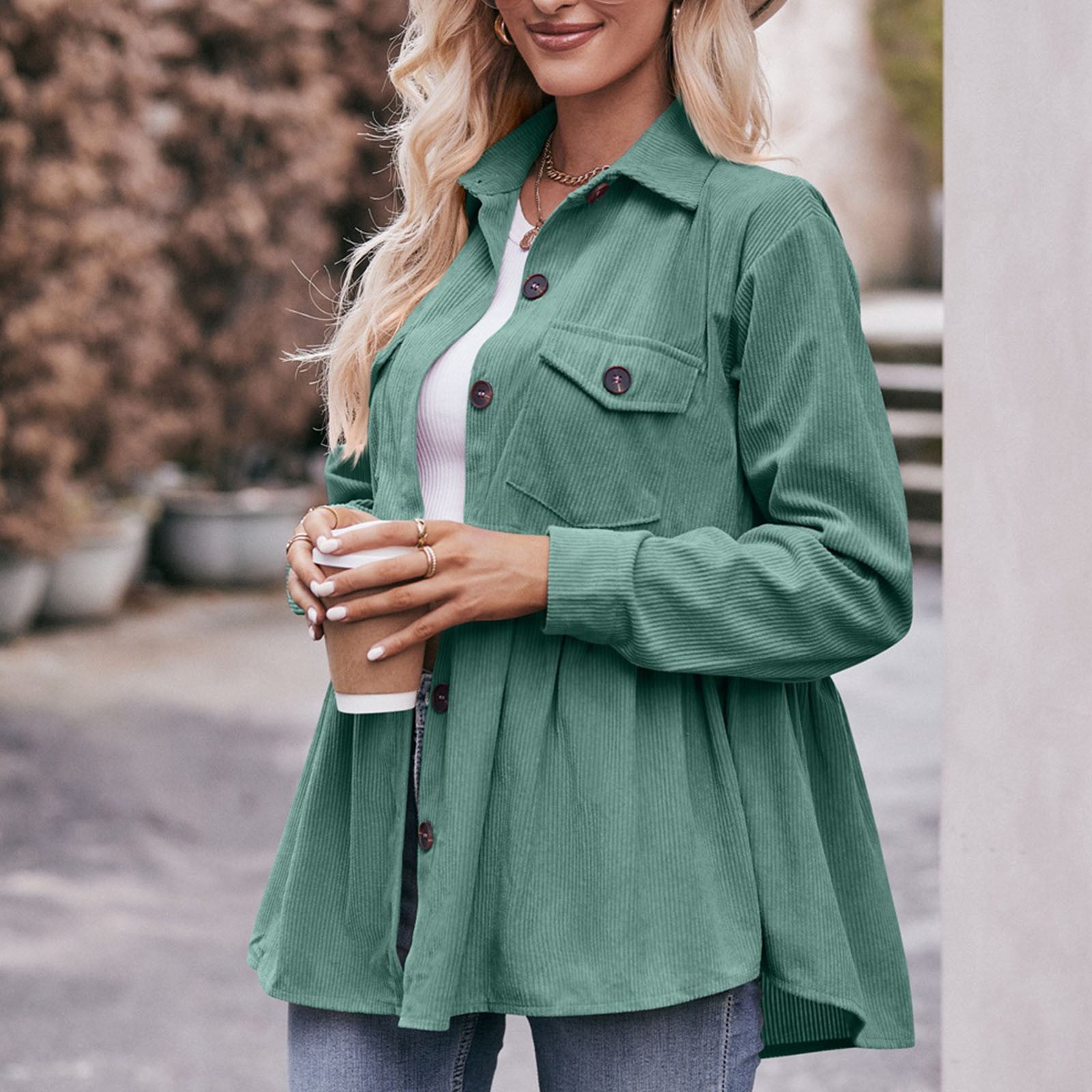 Women Corduroy Peplum Shacket Jacket Long Sleeve Button Down Babydoll Shirts Oversized Casual Collared Blouses Tops Green S