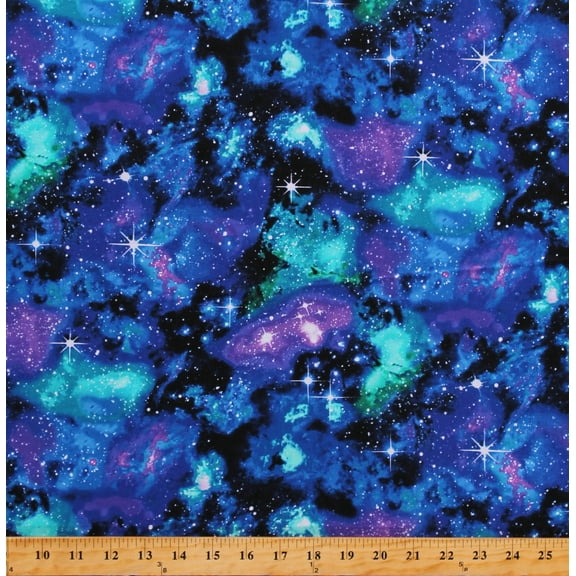 Cotton Solar Systems Northern Lights Sky Space Stars Colors Blue Cotton Fabric Print by the Yard (SPACE-C4847-GALAXY)