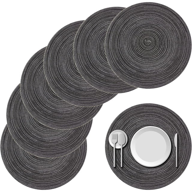 Nvzi Manteles individuales redondos tejidos, elegantes manteles individuales de 15 pulgadas para mesas de comedor, decoración de fiestas en interiores y exteriores, 6 piezas (negro y gris)