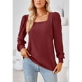 thumbnail image 5 of Square Neck Pleated Shoulder Long Sleeve Textured Blouse for Women Burgundy Medium, 5 of 5