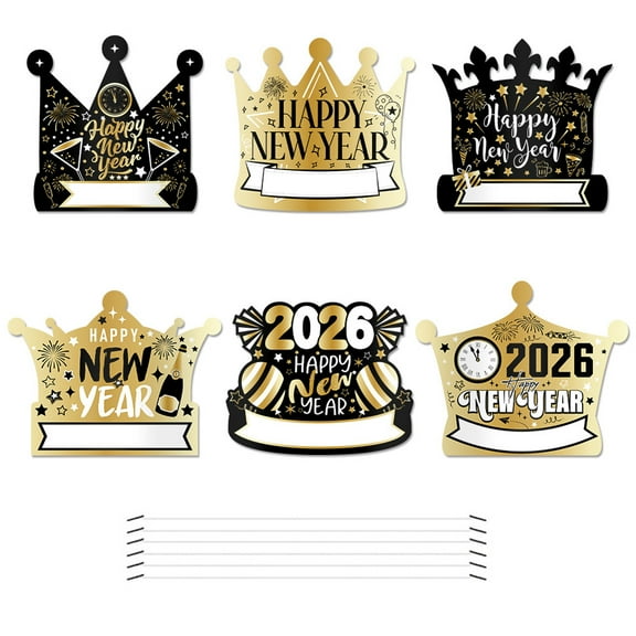 6PCS 2026 New Year Crowns Black Golden Adjustable Headbands for Adults Kids Celebration Party Supplies