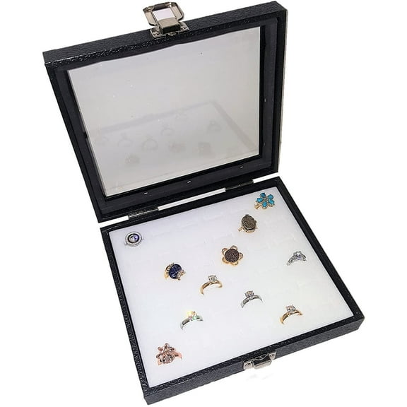 Glass Top Black Jewelry Display Case with 36 Slot White Ring Display Insert
