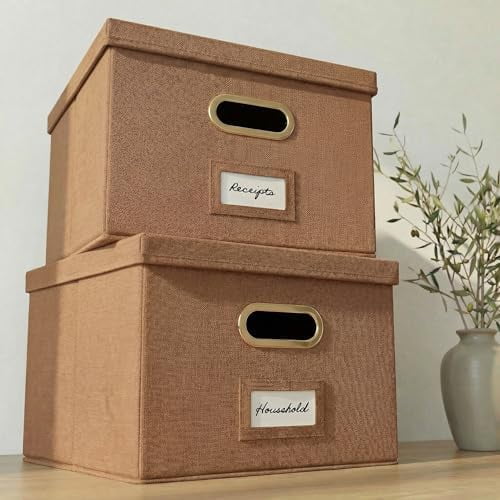 Decorative File Organizer Box Set of 2 - Collapsible Linen Filing Cabinets w/Handles Are Perfect to Store all Your Documents & Hanging File Folders - Portable Easy Slide Crates with Lid