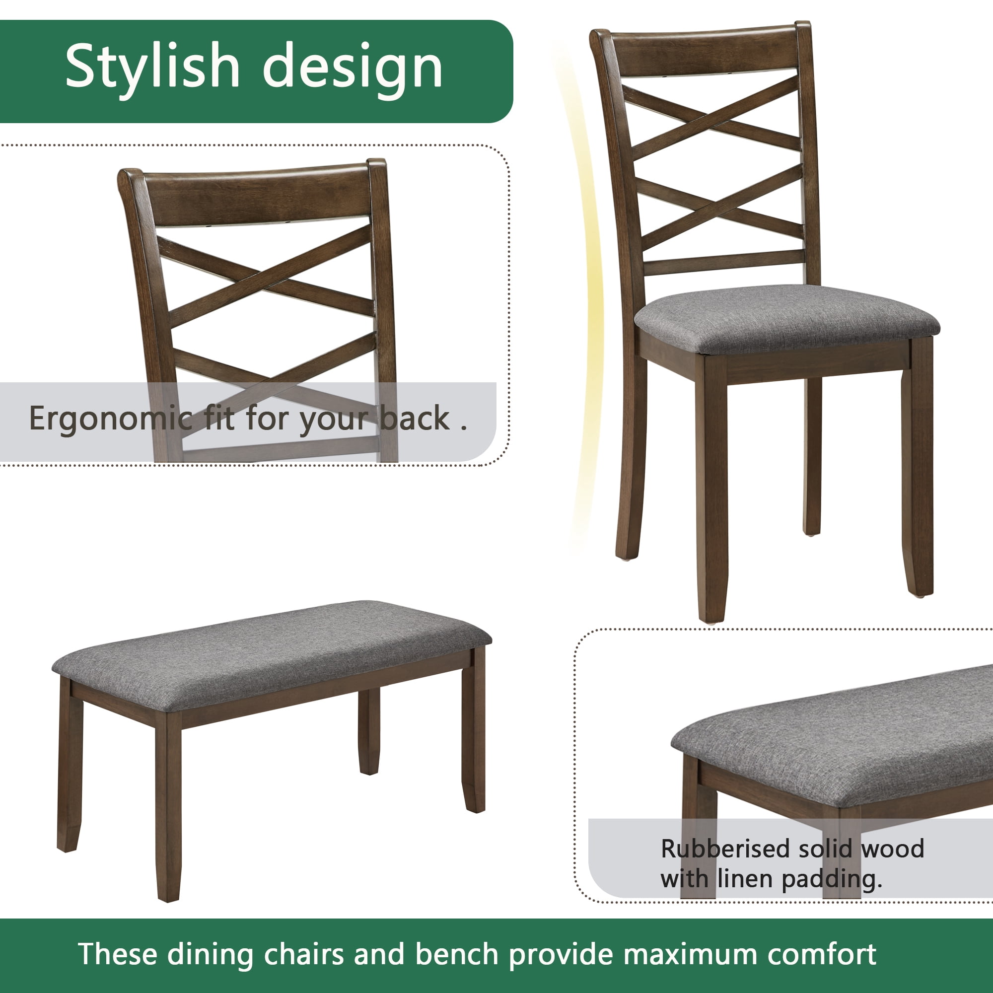 Leumius 6 Piece Kitchen Dining Set,Wood Rectangular Kitchen Table with 4 Upholstered Chairs and a Bench,Dining Table Set for 6 People,Kitchen Dining Table Set for Living Room, Home Bar and Kitchen