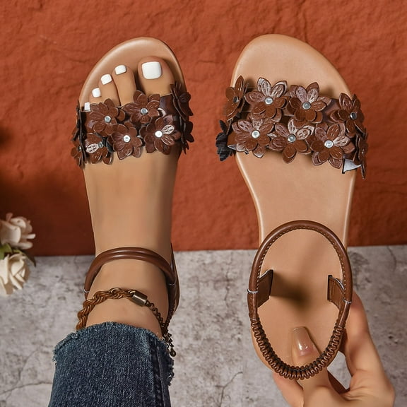 Viluyesy Women's Flat Sandals, Fashion Flower Ankle Elastic Strap Open Toe Summer Comfortable Casual Shoes Brown