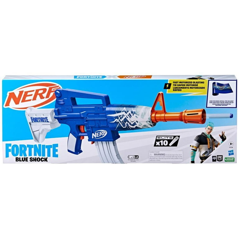 Nerf Fortnite Blue Shock Dart Blaster, 10-Dart Clip, 10 Elite Nerf Darts,  Unlock Code 