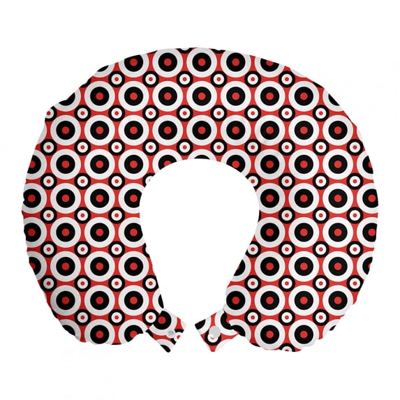 Retro Travel Pillow Neck Rest, Circular Motif Repetition with Concentric Tricolor Rounds, Memory Foam Traveling Accessory Airplane and Car, 12", Vermilion Charcoal Grey, by Ambesonne