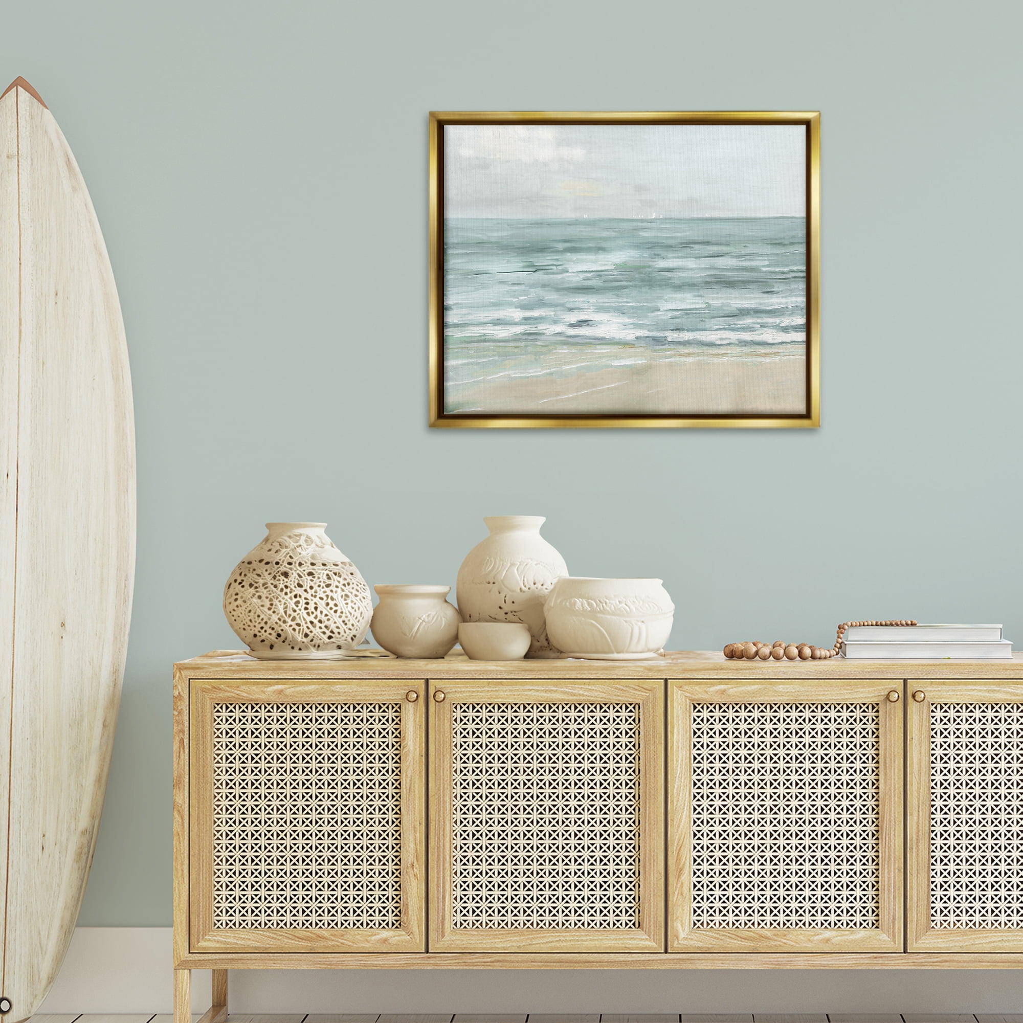Stupell Industries Brushed Beach Waves Landscape Painting Gold Floater Framed Canvas Art Print Wall Art, 31 x 25