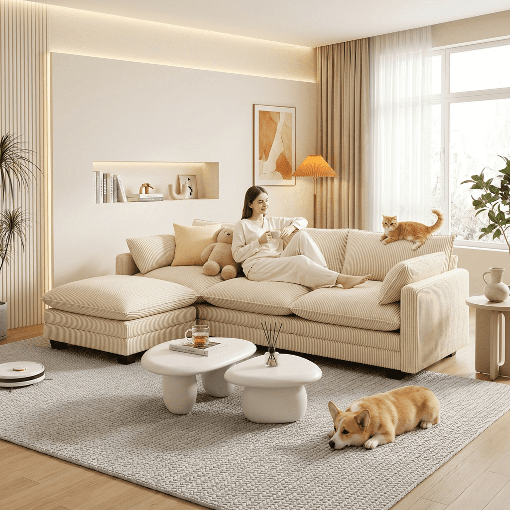 110'' Oversized L Shaped Corduroy Cloud Couches with Ottoman and Washable Cover for Living Room, Modern 4 Seater Cloud Sofa with Comfy Deep Seat and Throw Pillows for Apartment, Beige