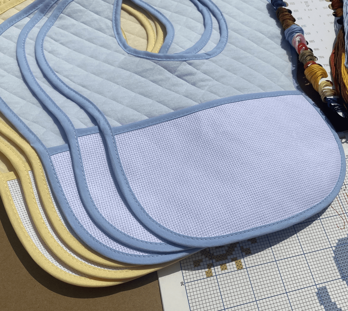 3pcs Blue,3pcs yellow cotton cross stitch baby bib 14count aida cross stitch bib