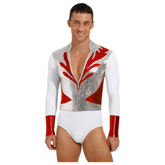 Zaldita Mens Figure Skating Bodysuit Metallic Shiny V Neck Long Sleeve Ballet Latin Dance Leotard Red XL