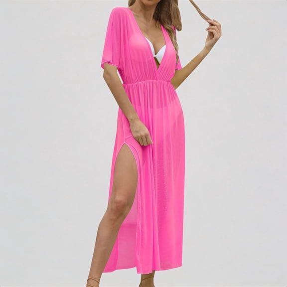 Daznico Women's Sheer Beach Dress Cover Up V Neck Split Drape Maxi Dress with Waist for Swimwear and Resort Wear,One Size