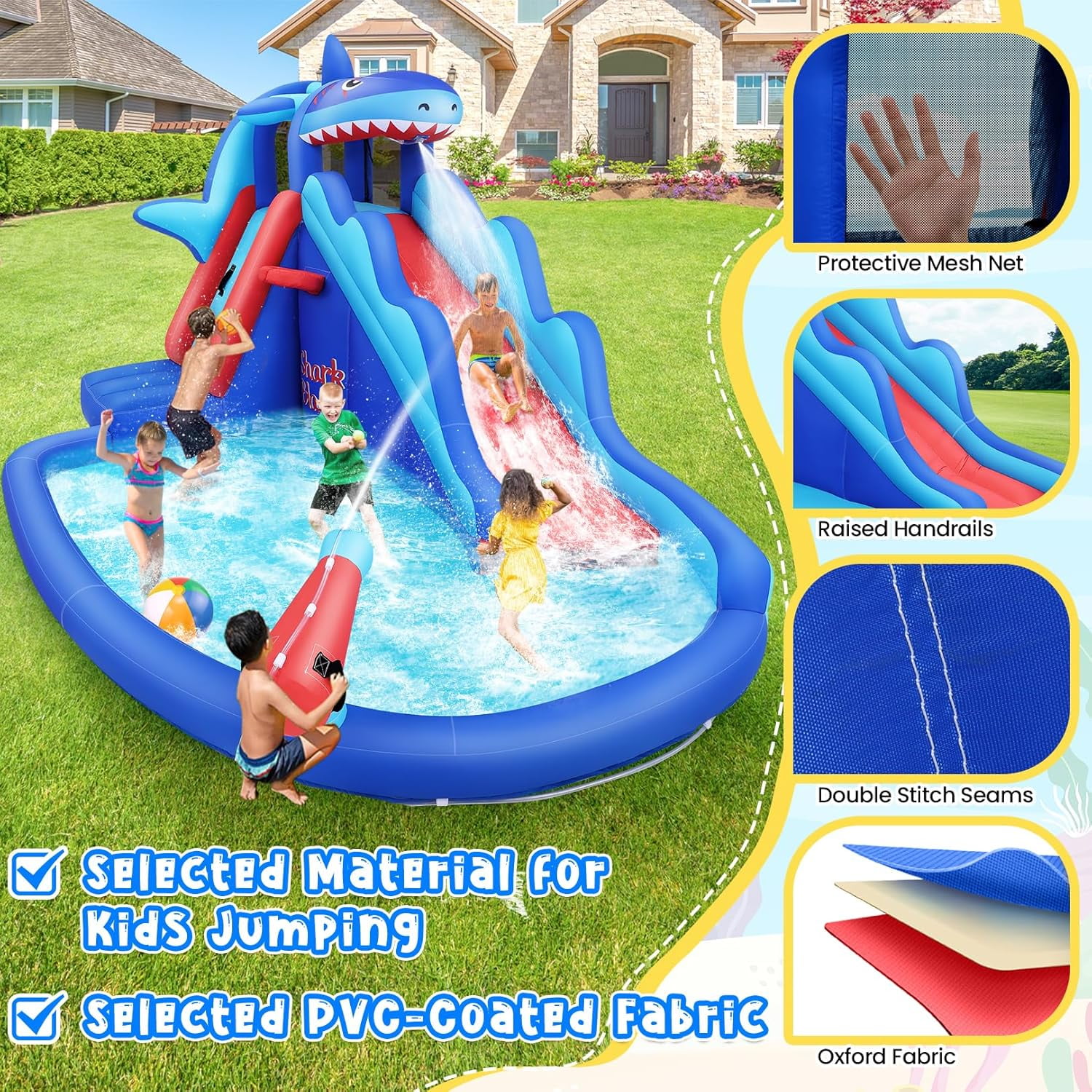 Veeboto Inflatable Water Slide with 480W Blower, Indoor and Outdoor Shark Design Bouncy House with Slide, Climbing Wall, Pool, Water Cannon, Water Park Suitable for Ages 3-8